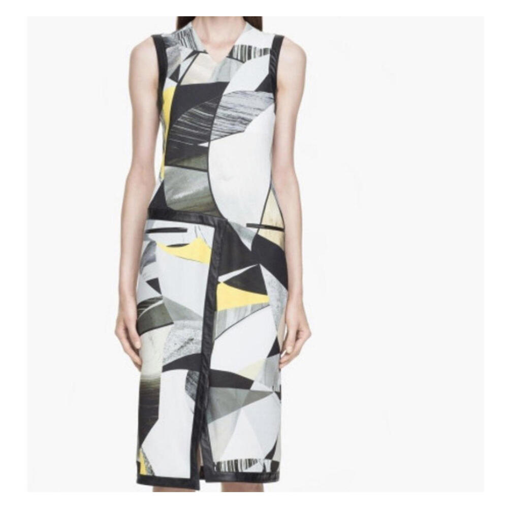 HELMUT LANG Cubist Print black yellow white abstract sheath dress sz 4
